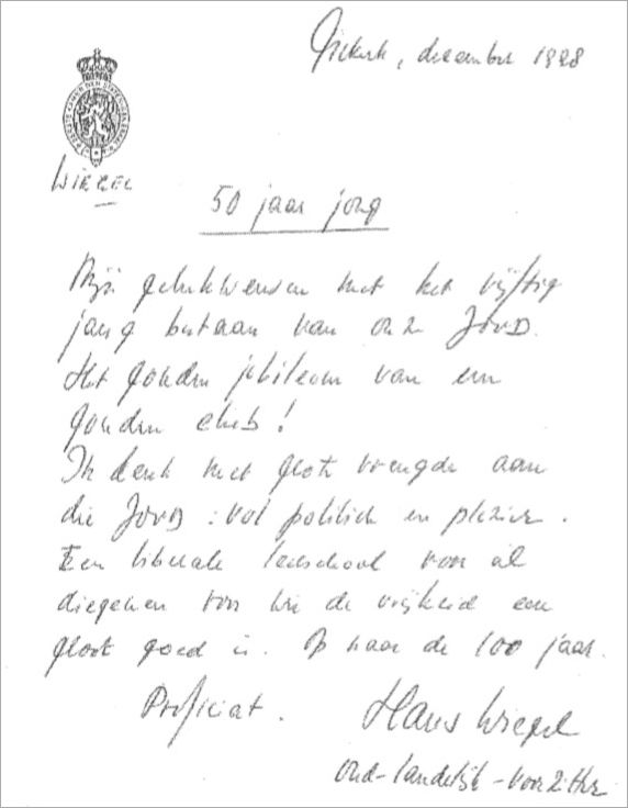 Handgeschreven felicitatie met het tiende lustrum van Hans Wiegel, 1999