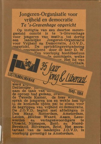 Boekomslag van "JOVD, 35 jaar jong & liberaal: lustrumalmanak, 1949-1985"