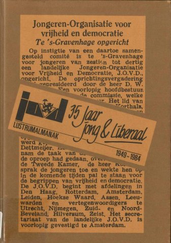 Boekomslag van "JOVD 35 jaar jong & liberaal: lustrumalmanak 1949-1984"