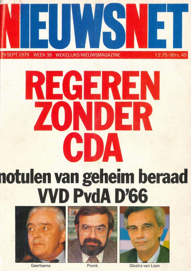 Cover Nieuwsnet, 29 september 1979. De cover van het weekblad Nieuwsnet nadat de geheime gesprekken tussen VVD, PvdA en D66 zijn uitgelekt